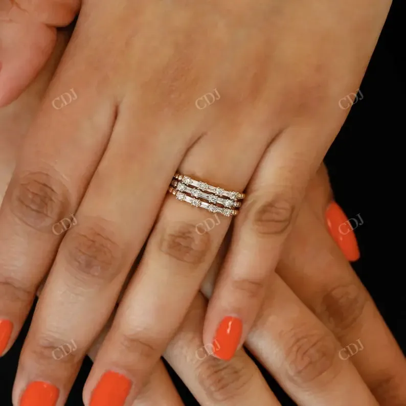 0.16CTW Lab Grown Diamond Baguette and Round Thin Beaded Stackable Band