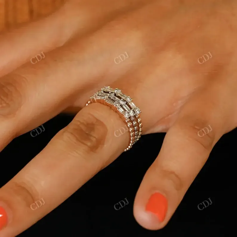 0.16CTW Lab Grown Diamond Baguette and Round Thin Beaded Stackable Band