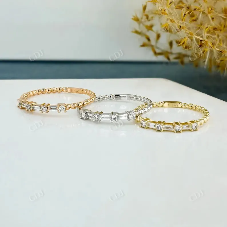 0.16CTW Lab Grown Diamond Baguette and Round Thin Beaded Stackable Band