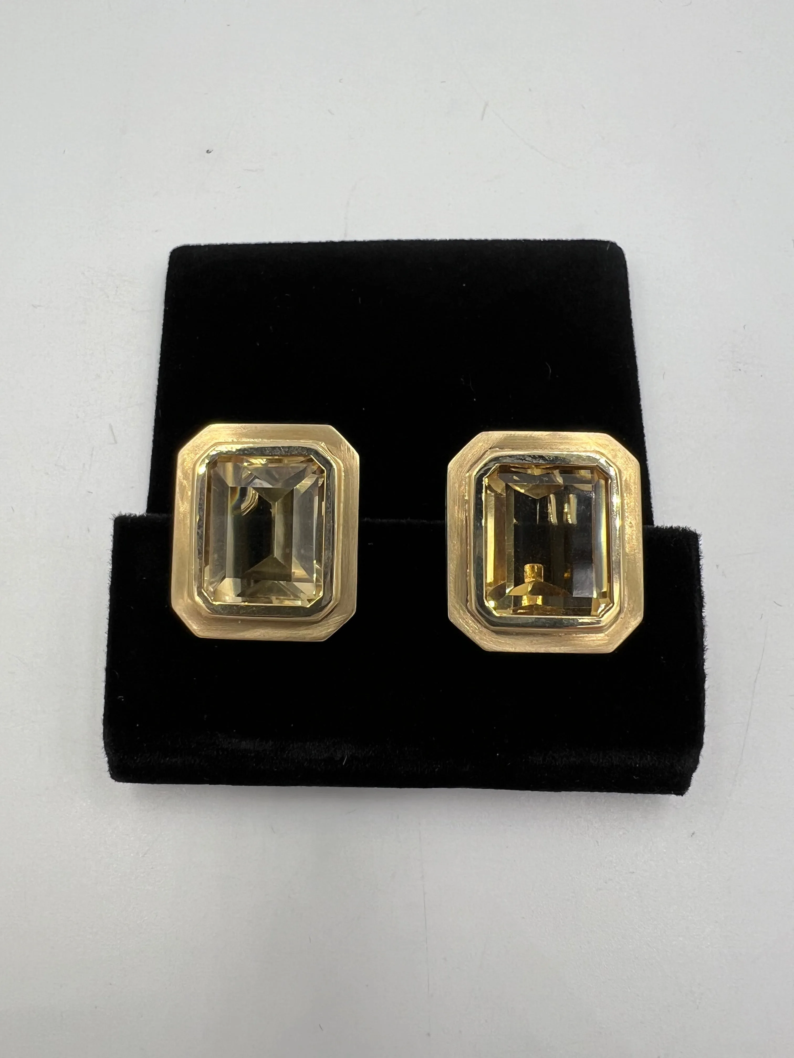 1970s Emerald Cut Citrine 14k Yellow Gold Clip And Post Earrings