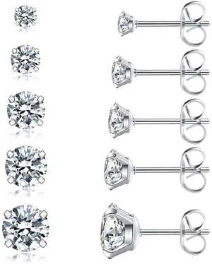 5 Pairs Stud Earrings Set, Hypoallergenic Cubic Zirconia 316L Earrings Stainless Steel CZ Earrings 3-8mm, Rose Gold …