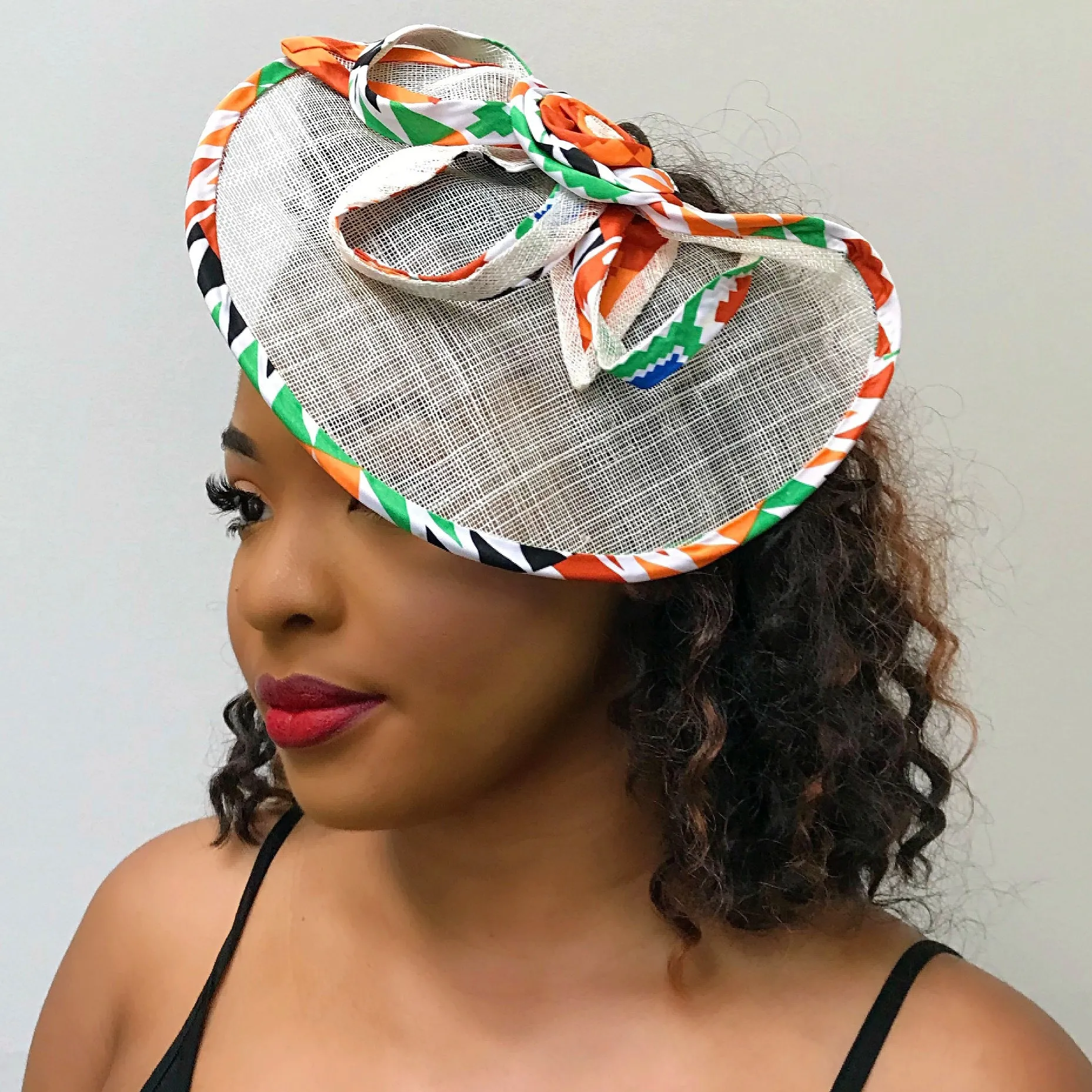 African Print Fascinator Hair Clip Hat - White / Blue / Orange / Green