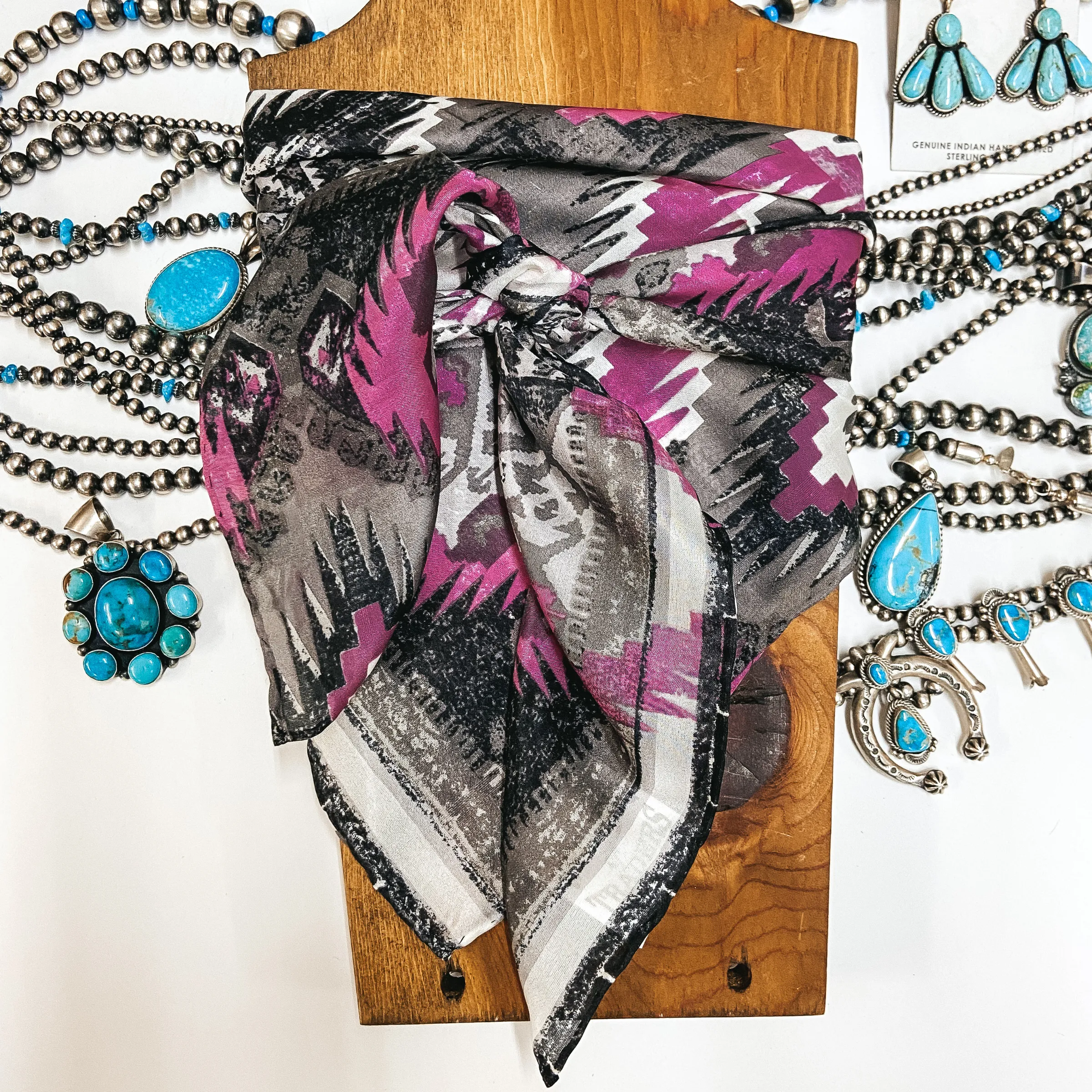 Aztec Silk Wild Rag in Silver and Pink