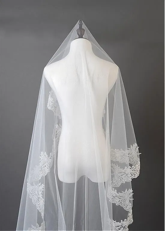 Beautiful Ivory Tulle Cathedral Wedding Veil With Lace Appliques