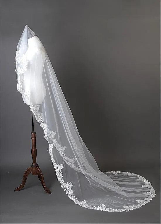Beautiful Ivory Tulle Cathedral Wedding Veil With Lace Appliques