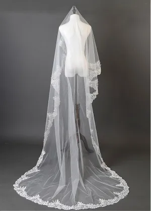 Beautiful Ivory Tulle Cathedral Wedding Veil With Lace Appliques