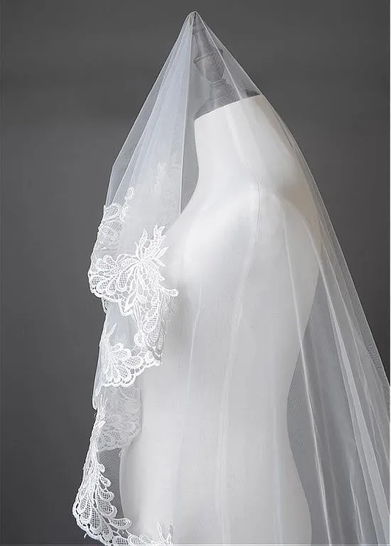 Beautiful Ivory Tulle Cathedral Wedding Veil With Lace Appliques