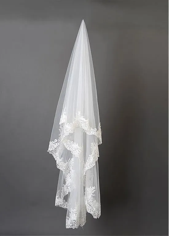 Beautiful Ivory Tulle Cathedral Wedding Veil With Lace Appliques