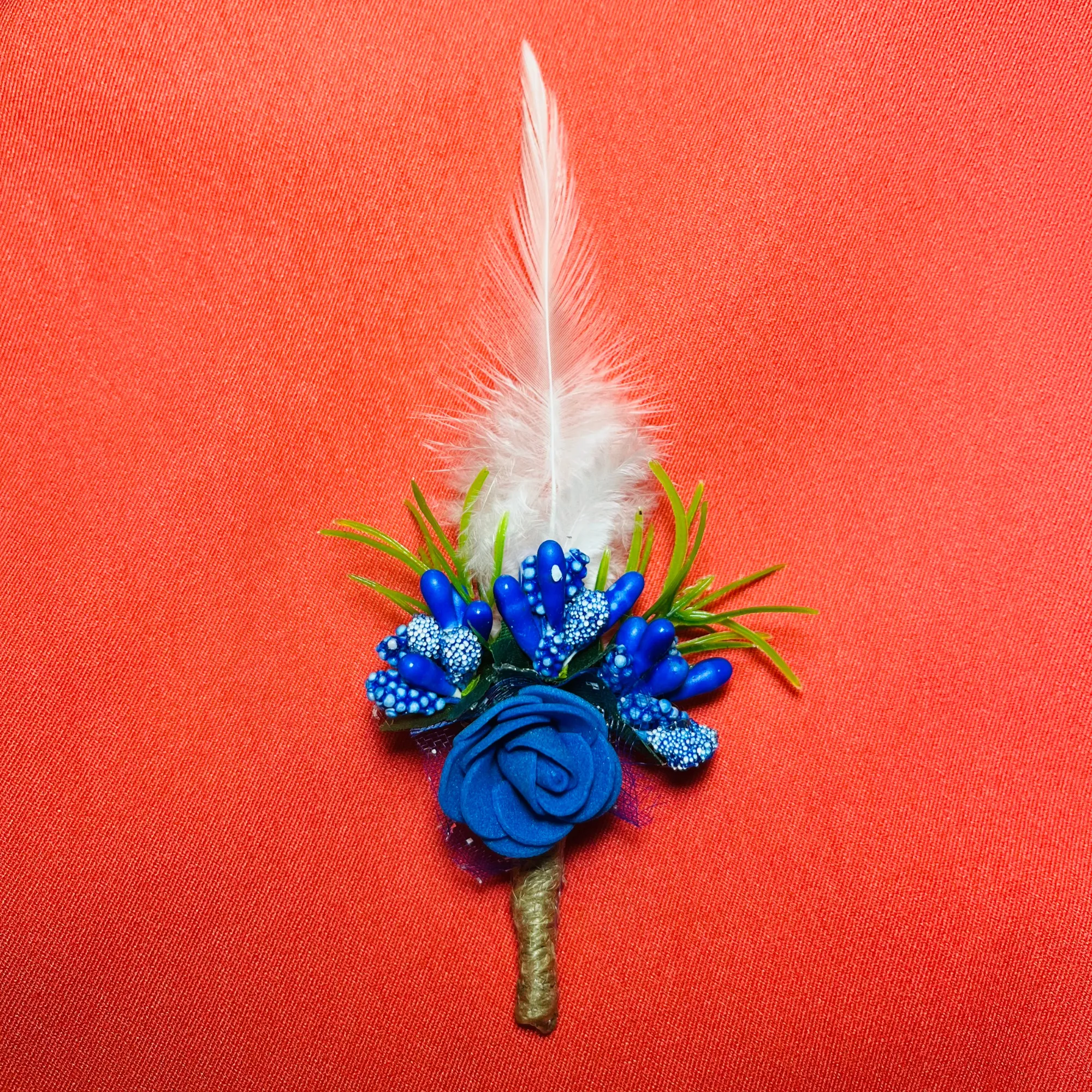 Blue & White Faux Feather Flower Brooch