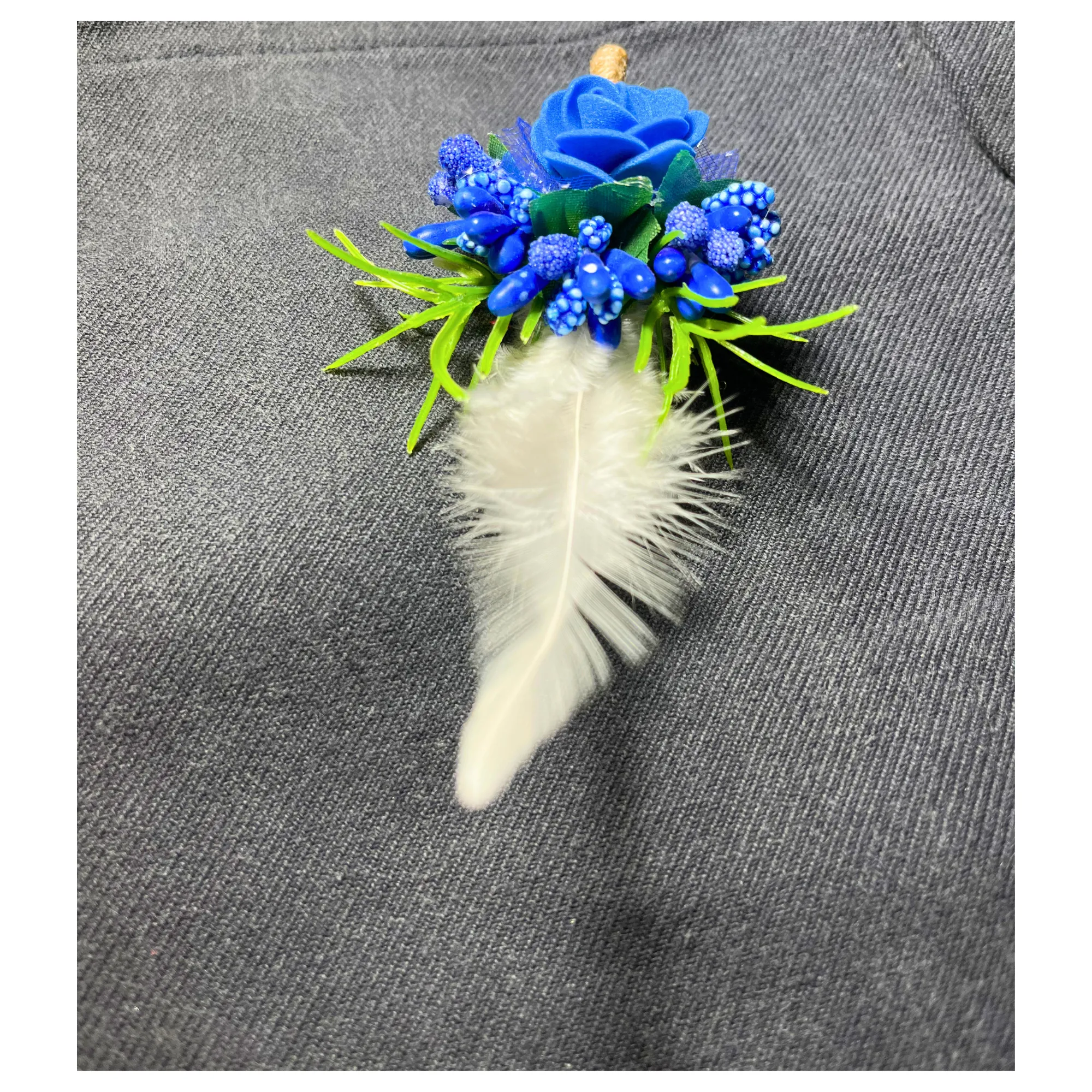 Blue & White Faux Feather Flower Brooch
