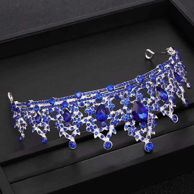 Blue sapphire silver Tiara Crown Princess Queen headdress bridal dark cosplay diadem