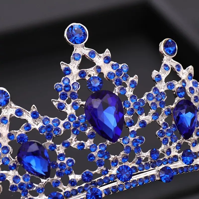 Blue sapphire silver Tiara Crown Princess Queen headdress bridal dark cosplay diadem