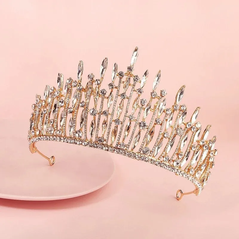 Bridal Crystal Gold Tiara Crown Detail Princess Queen spiky tall diadem diamond