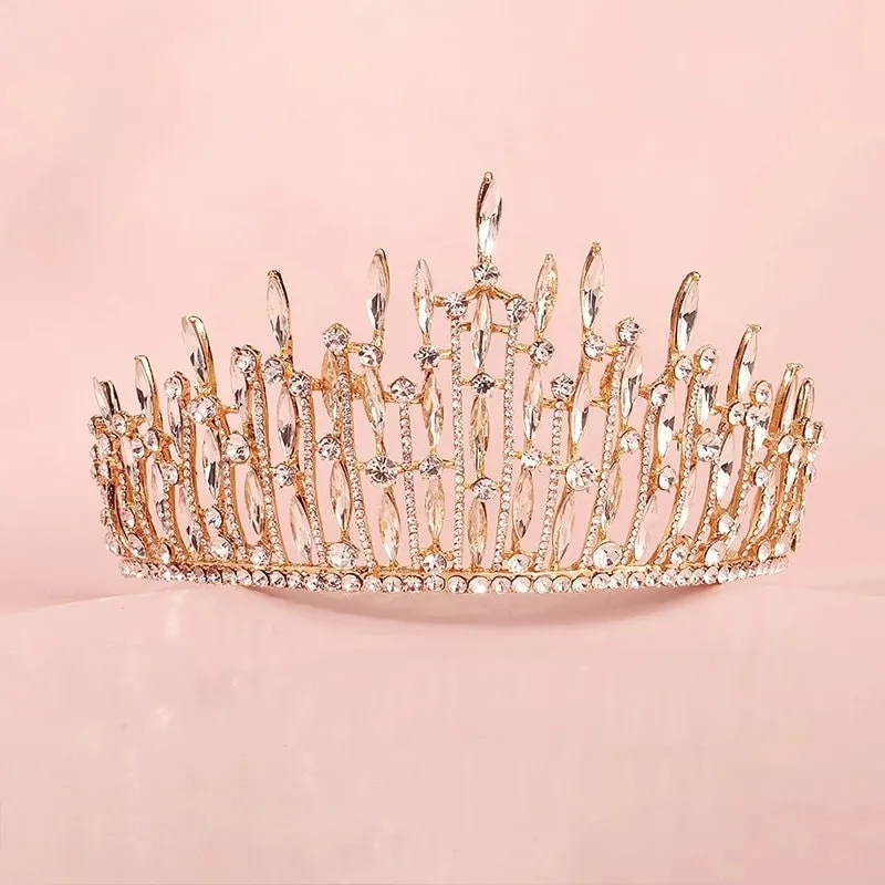 Bridal Crystal Gold Tiara Crown Detail Princess Queen spiky tall diadem diamond