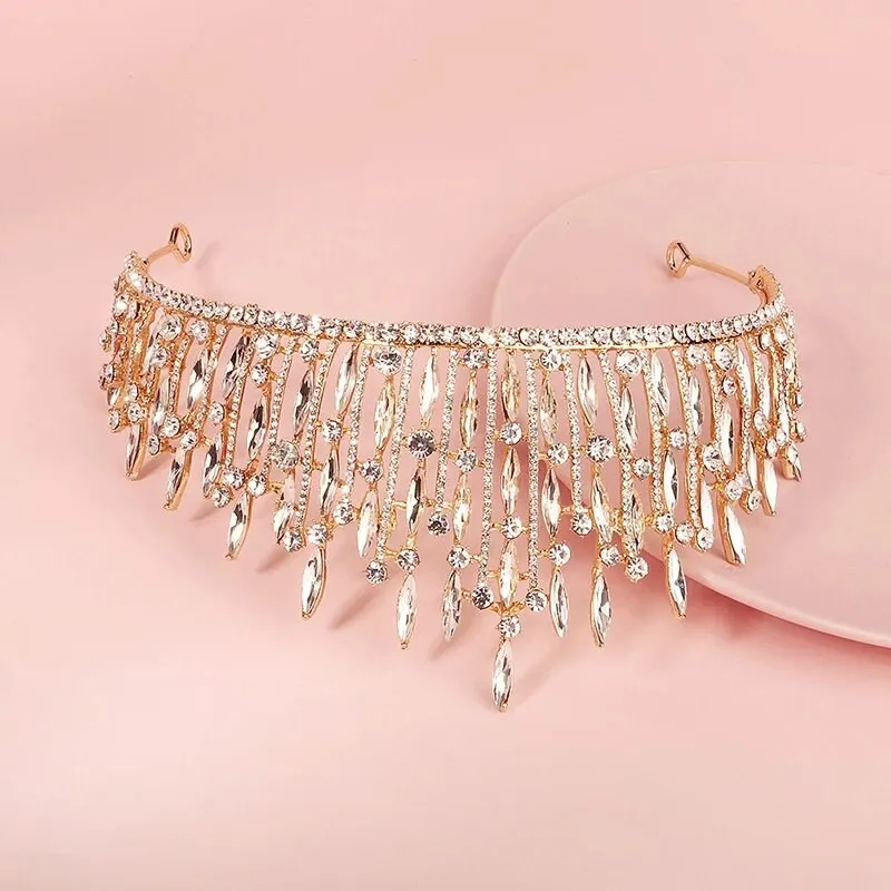 Bridal Crystal Gold Tiara Crown Detail Princess Queen spiky tall diadem diamond