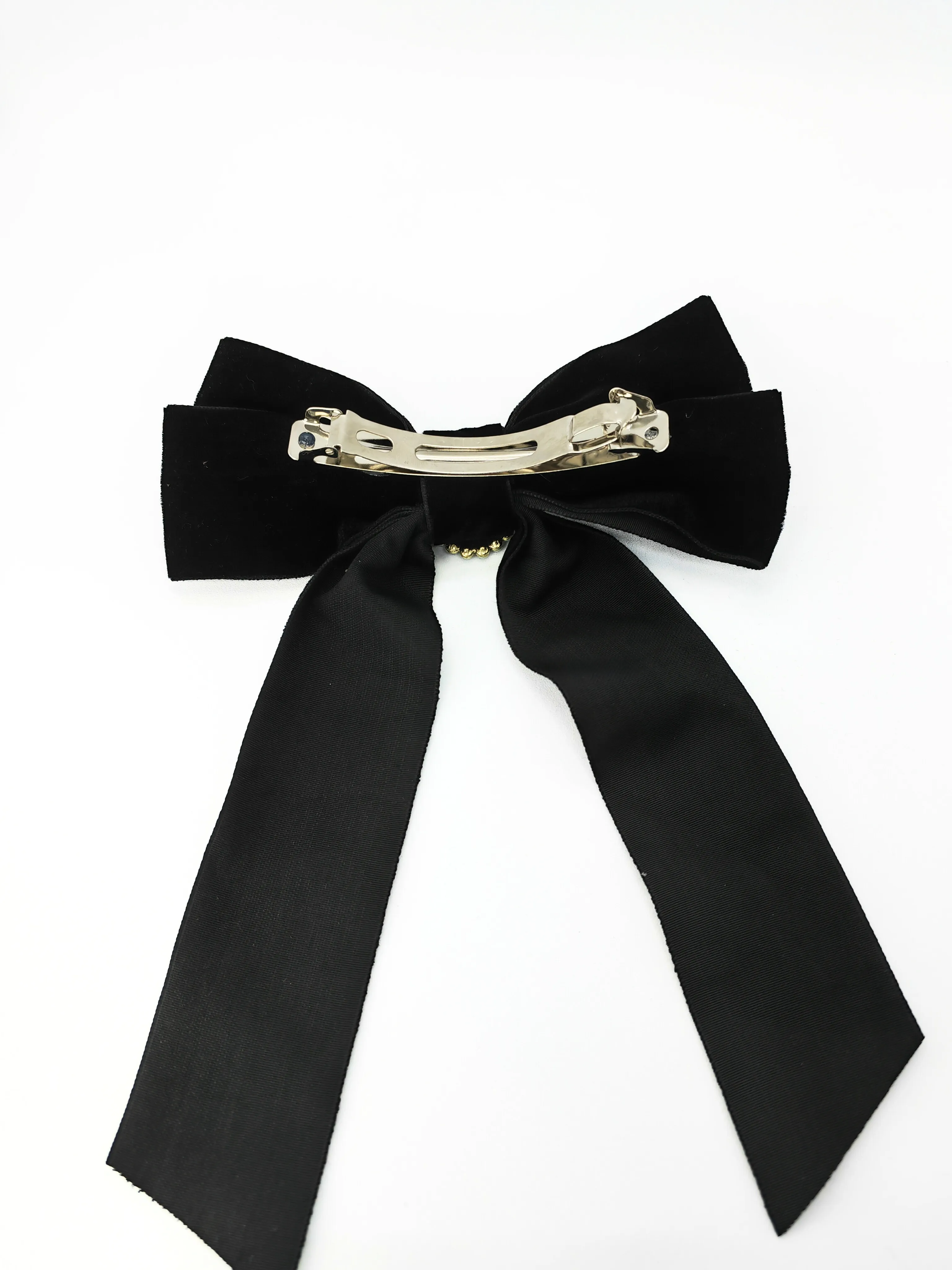 Cameo Pearl Embellished Long Velvet Bow Hair Clip