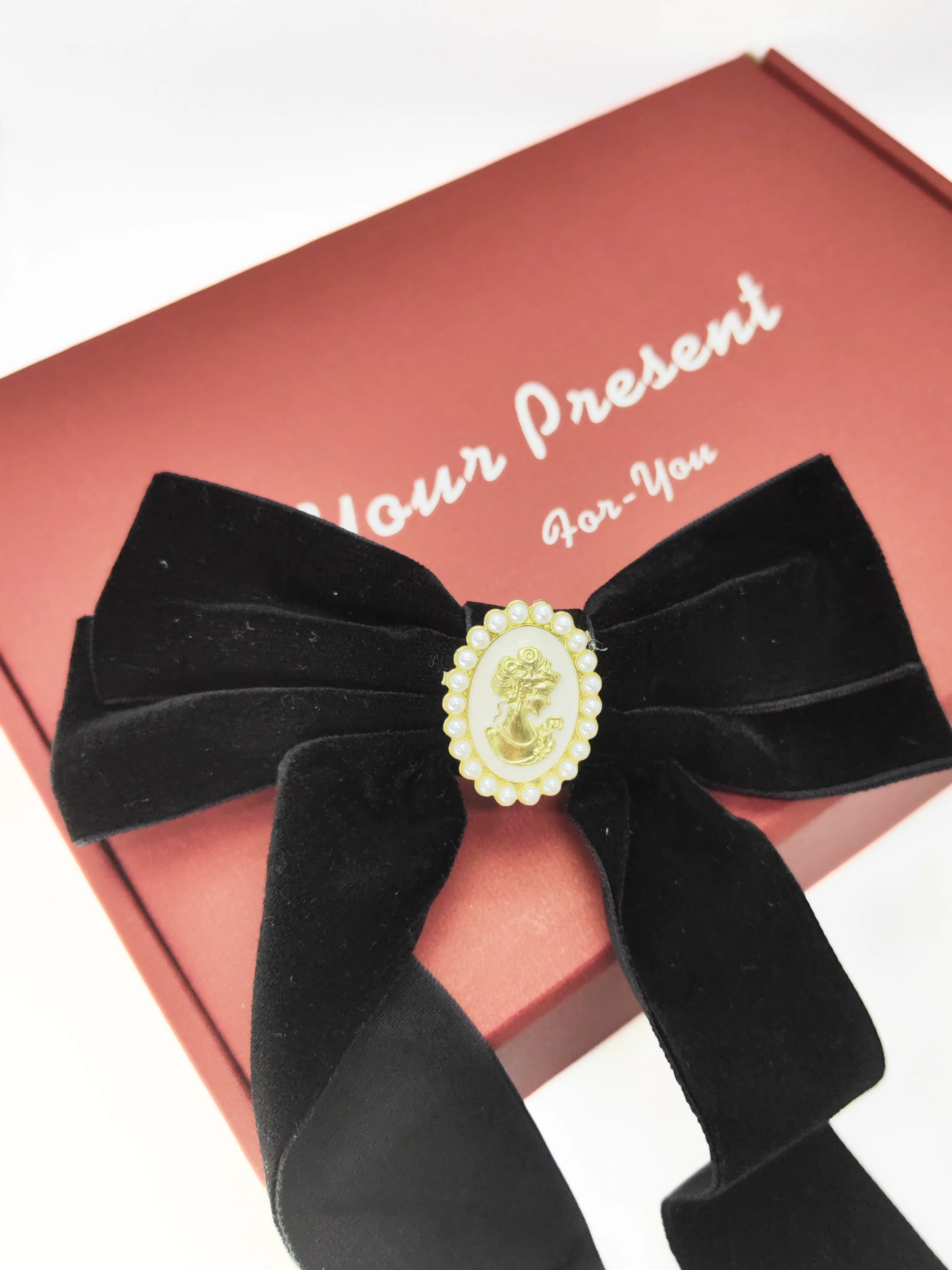 Cameo Pearl Embellished Long Velvet Bow Hair Clip