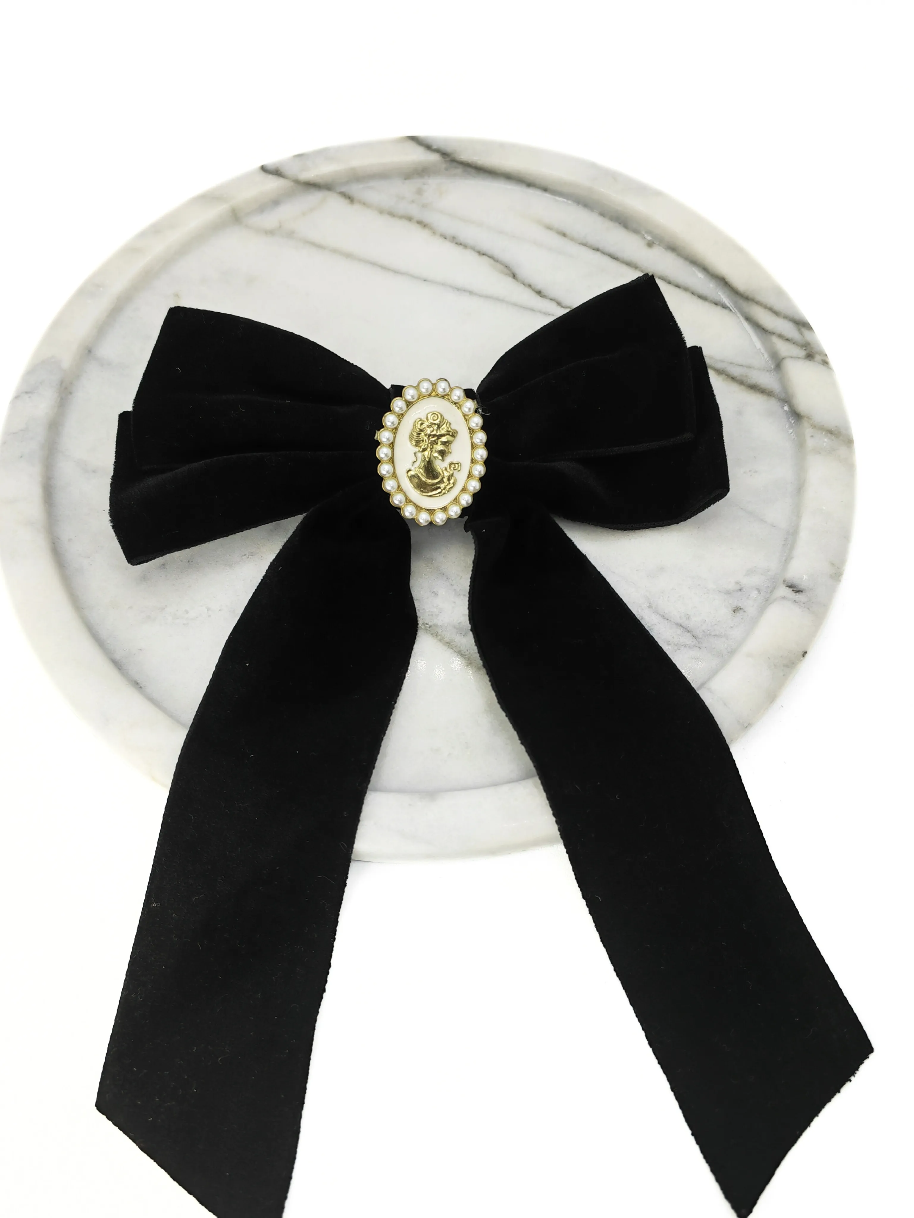 Cameo Pearl Embellished Long Velvet Bow Hair Clip