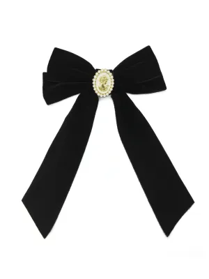 Cameo Pearl Embellished Long Velvet Bow Hair Clip