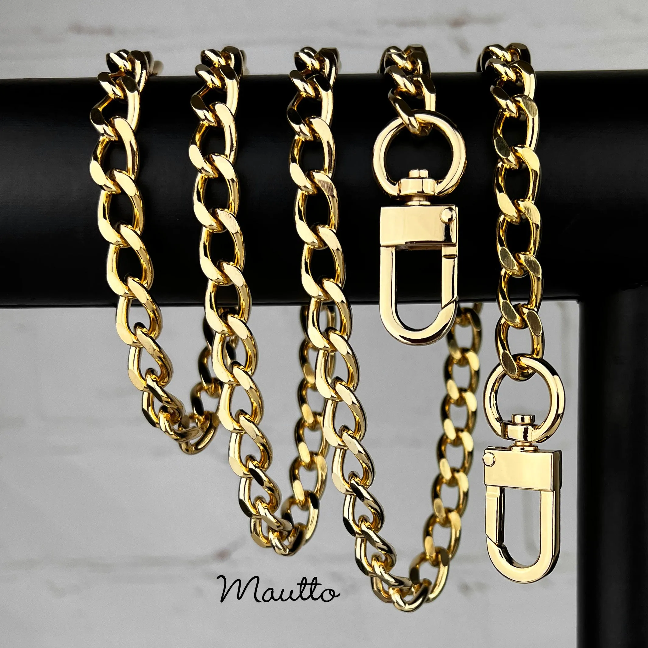 Classic Curb Chain with Diamond Cut Accents, Gold-tone Finish - 3/8 inch (9mm) Wide Luxury Chain Strap - Handle to Crossbody Lengths