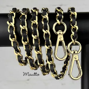 Classic Curb Chain with Diamond Cut Accents, Gold-tone Finish, Leather Woven Through - 3/8 inch (9mm) Wide Luxury Strap - Black, Gray & Brown Colors