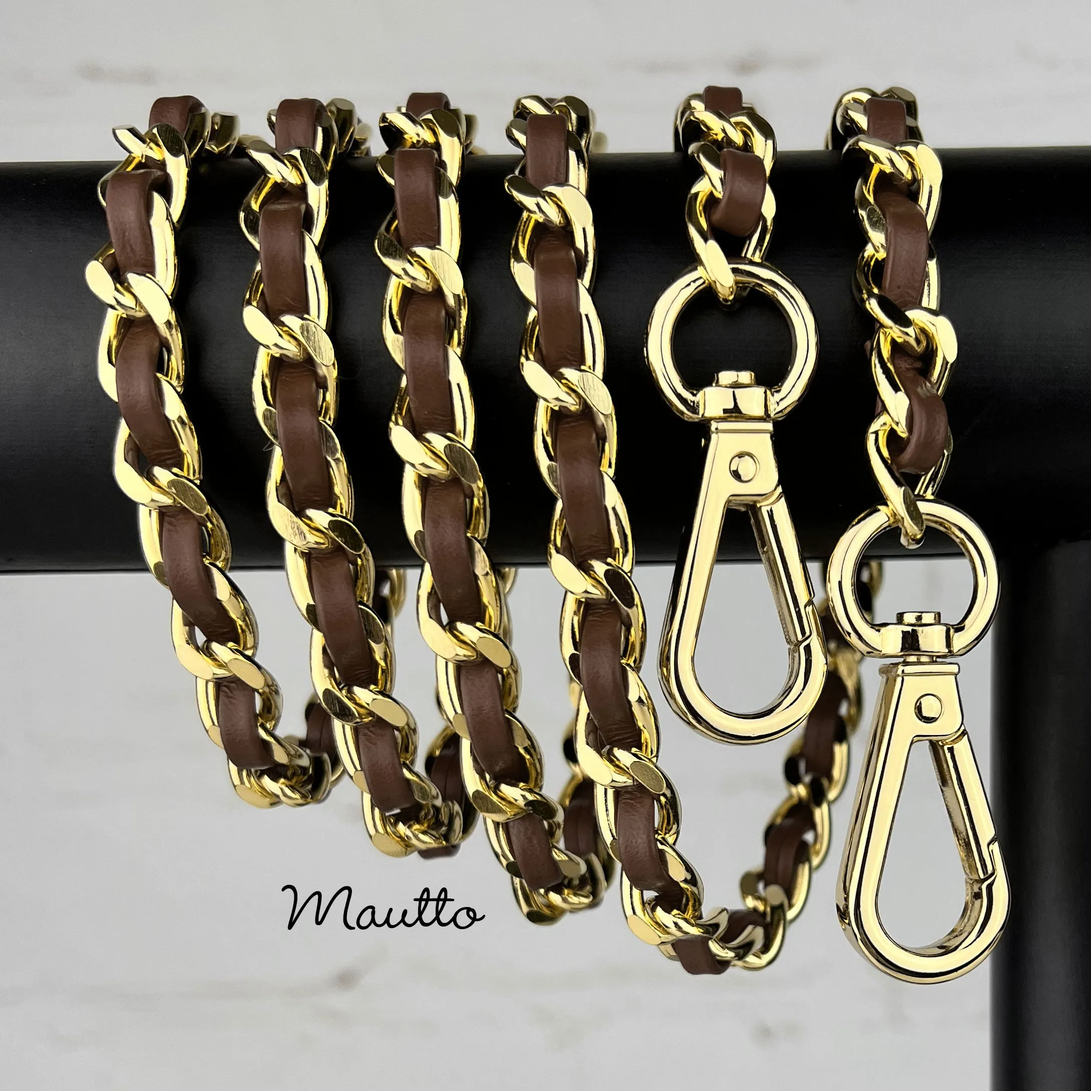 Classic Curb Chain with Diamond Cut Accents, Gold-tone Finish, Leather Woven Through - 3/8 inch (9mm) Wide Luxury Strap - Black, Gray & Brown Colors