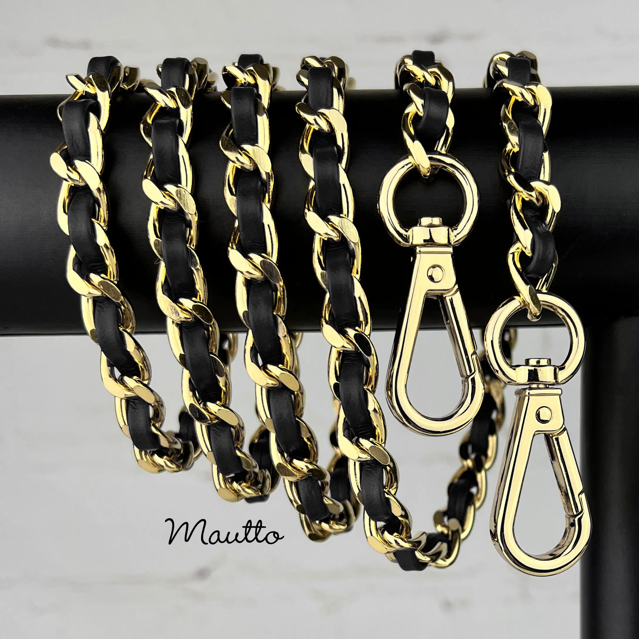 Classic Curb Chain with Diamond Cut Accents, Gold-tone Finish, Leather Woven Through - 3/8 inch (9mm) Wide Luxury Strap - Black, Gray & Brown Colors