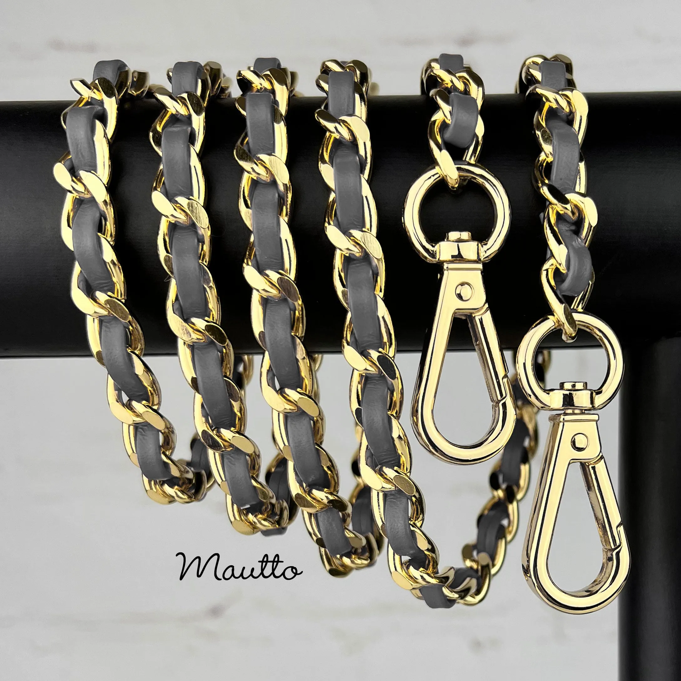 Classic Curb Chain with Diamond Cut Accents, Gold-tone Finish, Leather Woven Through - 3/8 inch (9mm) Wide Luxury Strap - Black, Gray & Brown Colors