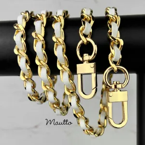 Classic Curb Chain with Diamond Cut Accents, Gold-tone Finish, Leather Woven Through - 3/8 inch (9mm) Wide Luxury Strap - Blue, Green & White Colors