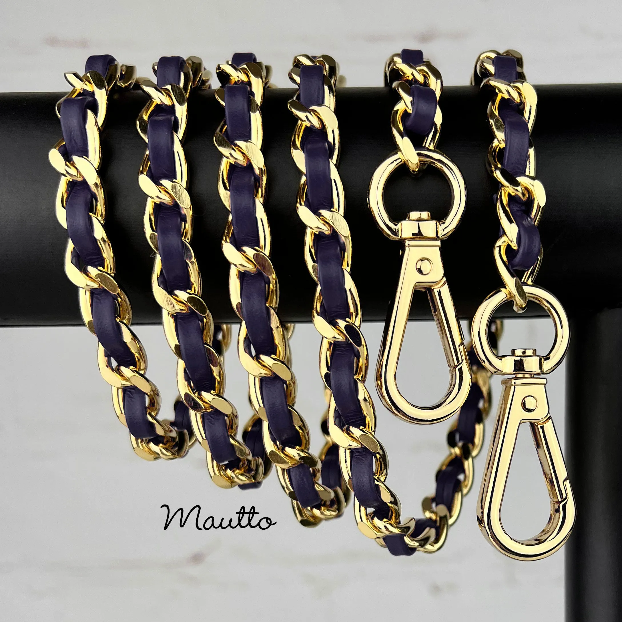 Classic Curb Chain with Diamond Cut Accents, Gold-tone Finish, Leather Woven Through - 3/8 inch (9mm) Wide Luxury Strap - Blue, Green & White Colors