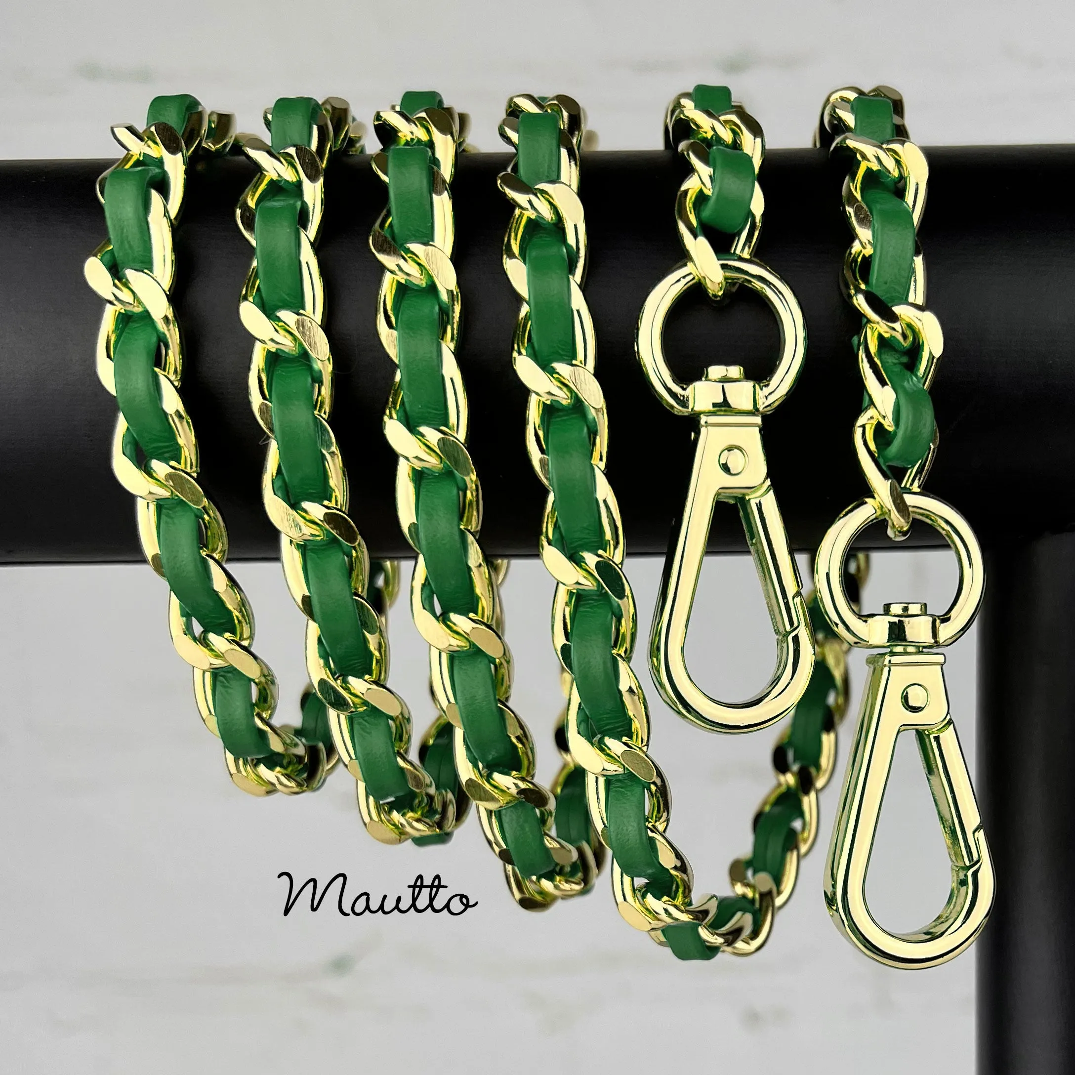 Classic Curb Chain with Diamond Cut Accents, Gold-tone Finish, Leather Woven Through - 3/8 inch (9mm) Wide Luxury Strap - Blue, Green & White Colors