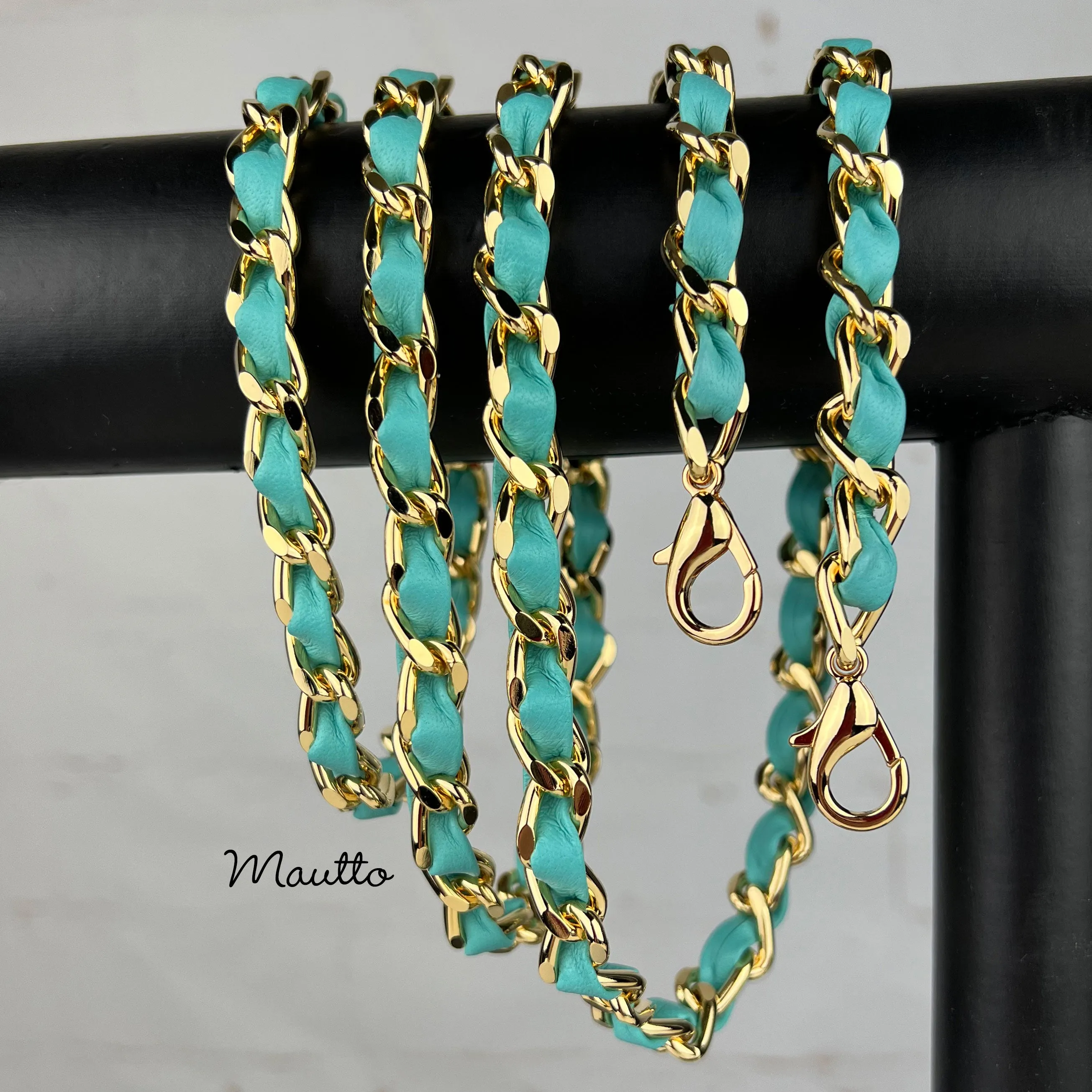 Classic Curb Chain with Diamond Cut Accents, Gold-tone Finish, Leather Woven Through - 3/8 inch (9mm) Wide Luxury Strap - Blue, Green & White Colors