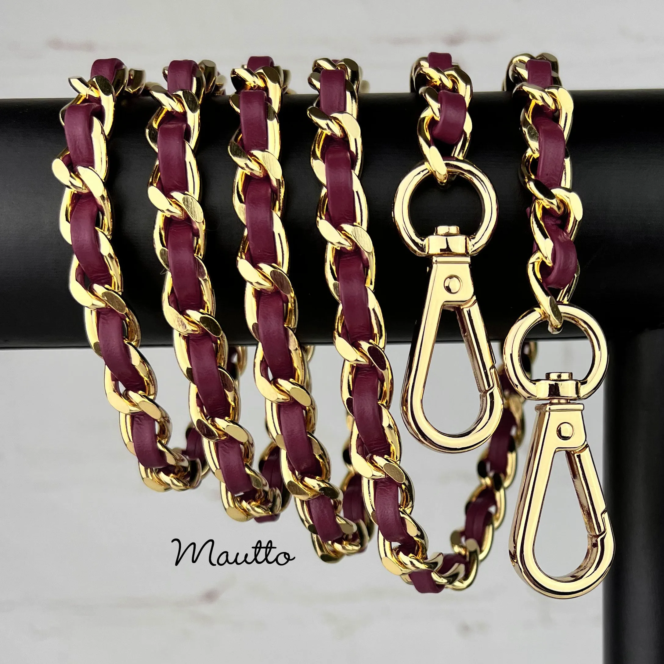 Classic Curb Chain with Diamond Cut Accents, Gold-tone Finish, Leather Woven Through - 3/8 inch (9mm) Wide Luxury Strap - Red & Pink Colors
