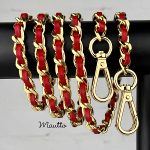 Classic Curb Chain with Diamond Cut Accents, Gold-tone Finish, Leather Woven Through - 3/8 inch (9mm) Wide Luxury Strap - Red & Pink Colors