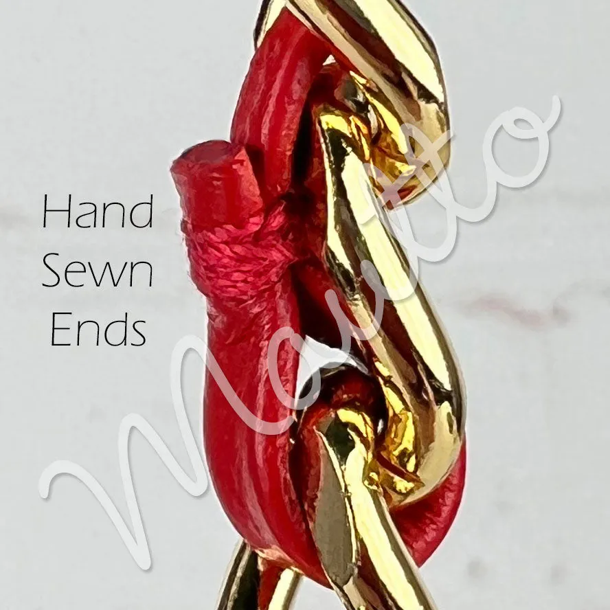 Classic Curb Chain with Diamond Cut Accents, Gold-tone Finish, Leather Woven Through - 3/8 inch (9mm) Wide Luxury Strap - Red & Pink Colors