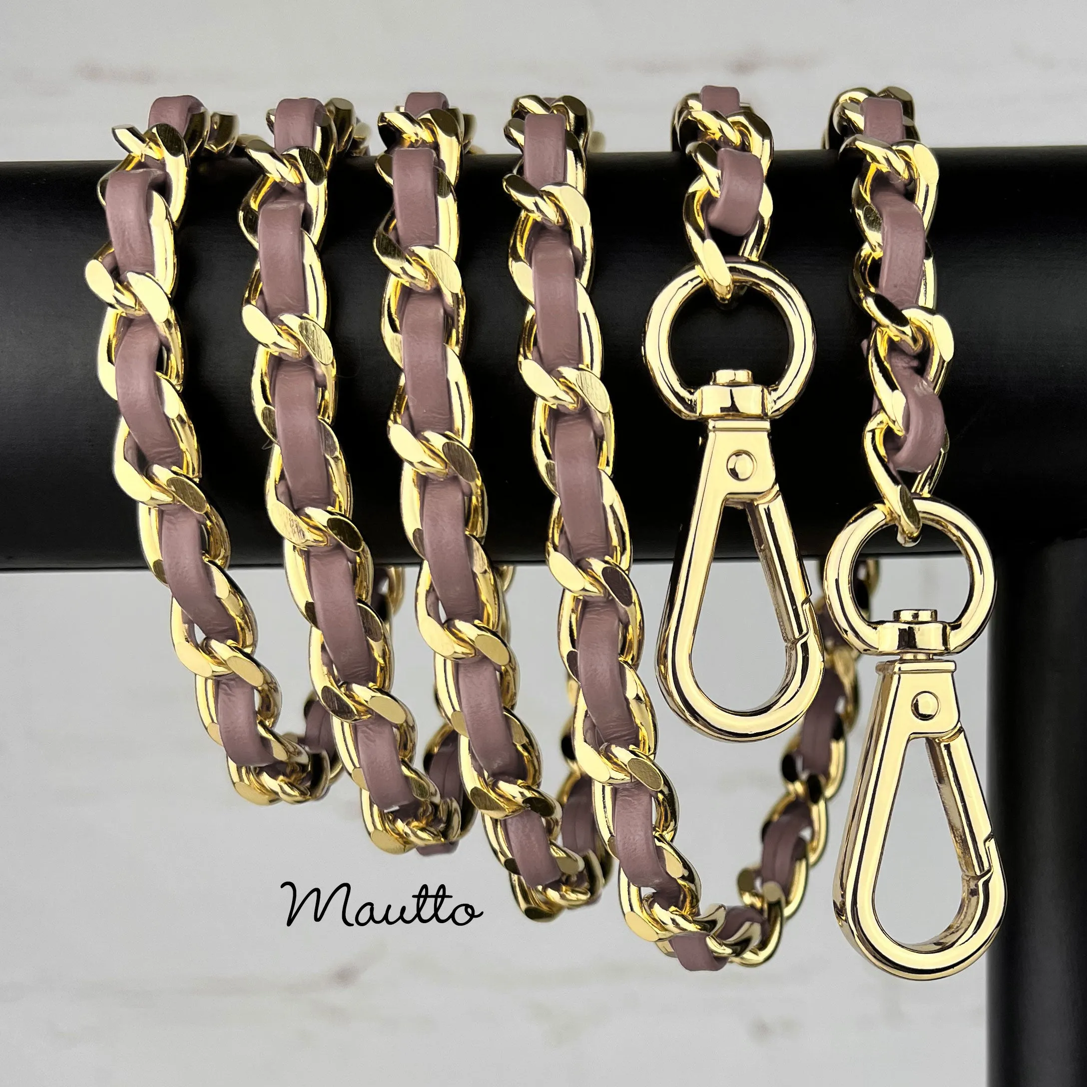 Classic Curb Chain with Diamond Cut Accents, Gold-tone Finish, Leather Woven Through - 3/8 inch (9mm) Wide Luxury Strap - Red & Pink Colors