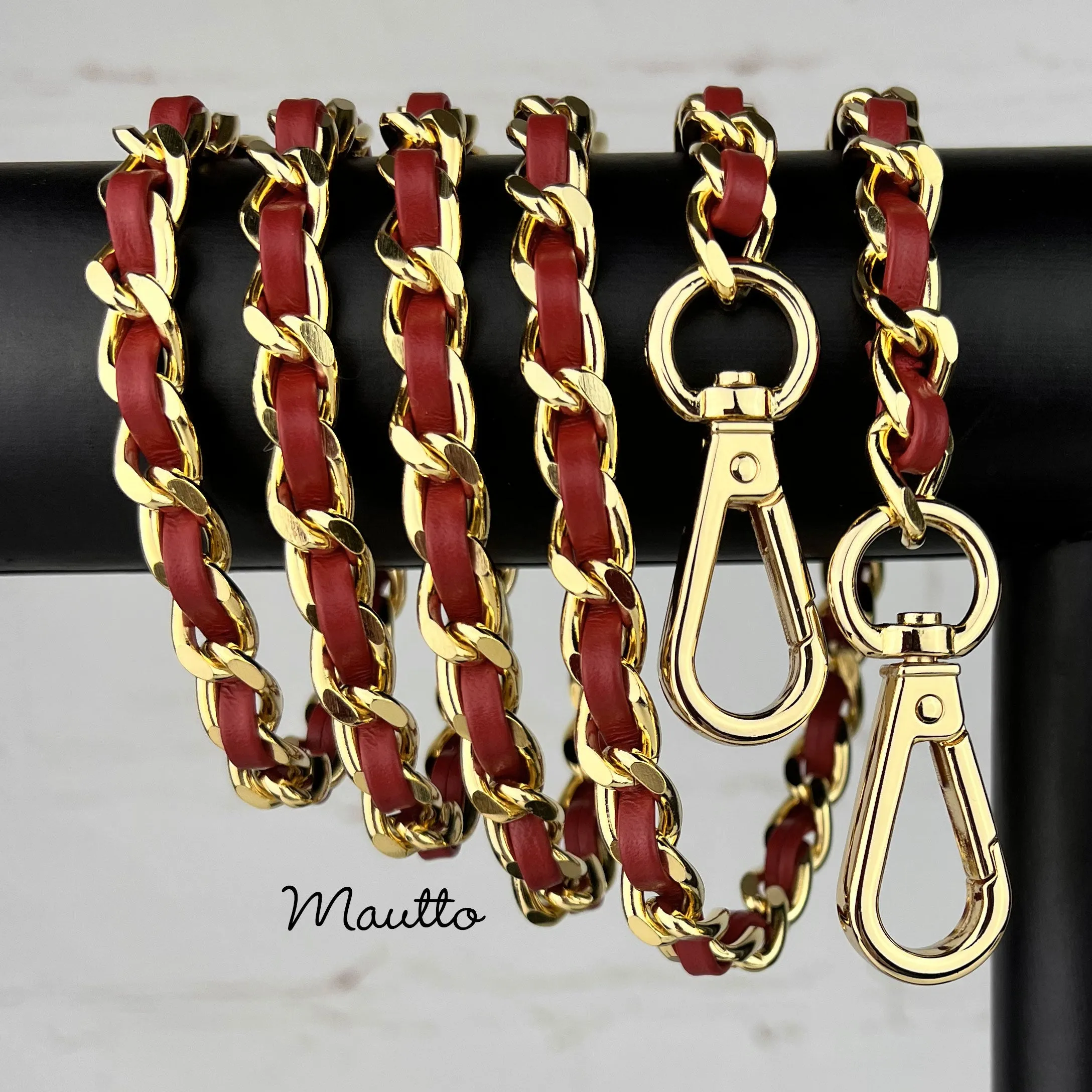 Classic Curb Chain with Diamond Cut Accents, Gold-tone Finish, Leather Woven Through - 3/8 inch (9mm) Wide Luxury Strap - Red & Pink Colors