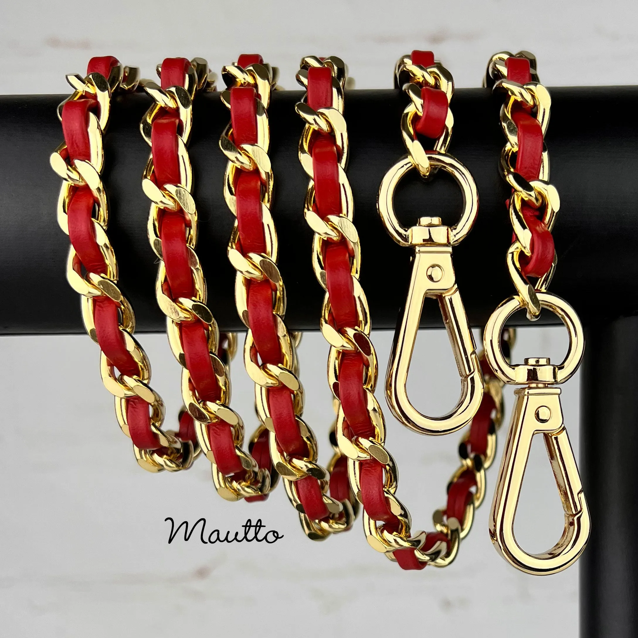Classic Curb Chain with Diamond Cut Accents, Gold-tone Finish, Leather Woven Through - 3/8 inch (9mm) Wide Luxury Strap - Red & Pink Colors