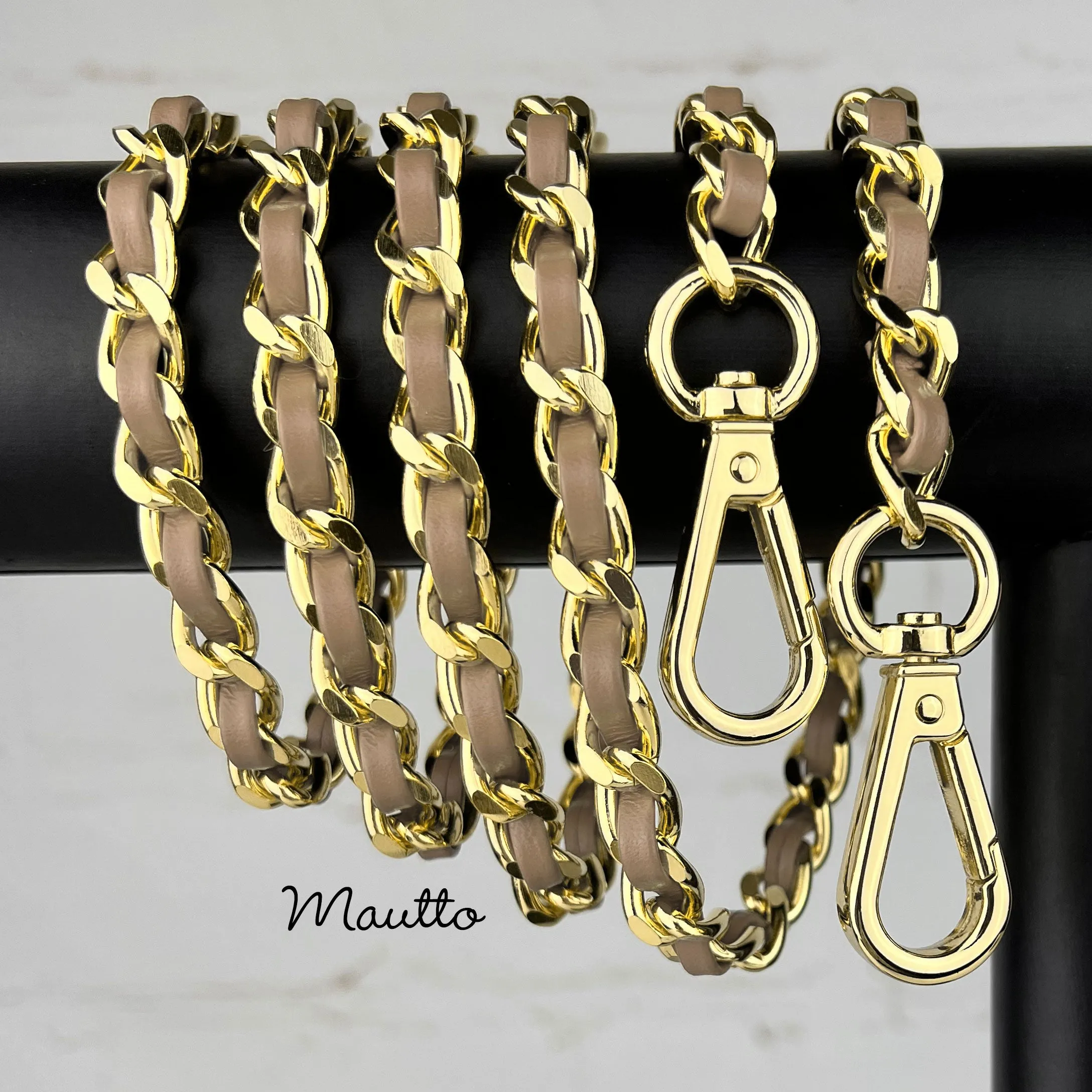 Classic Curb Chain with Diamond Cut Accents, Gold-tone Finish, Leather Woven Through - 3/8 inch (9mm) Wide Luxury Strap - Tan Colors