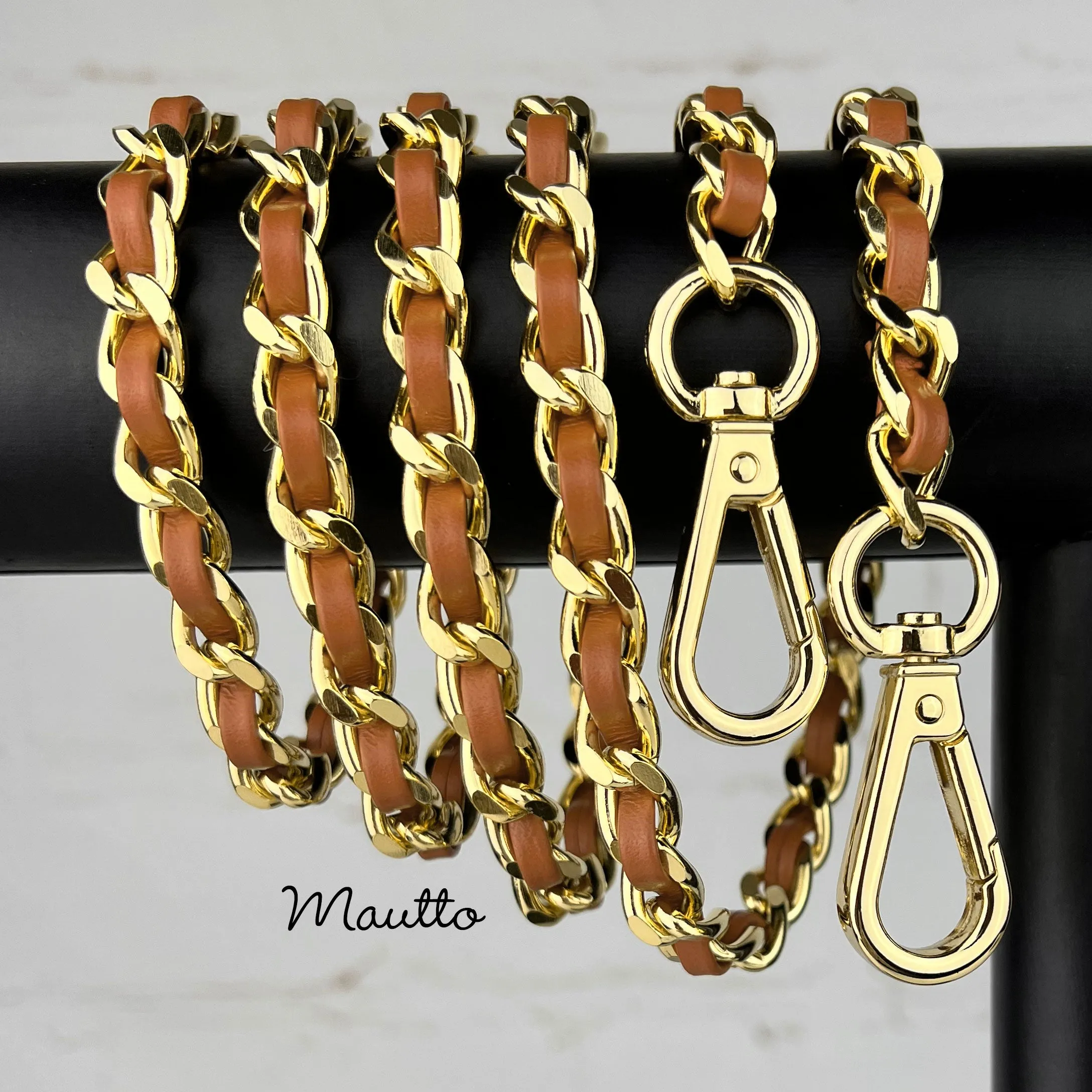 Classic Curb Chain with Diamond Cut Accents, Gold-tone Finish, Leather Woven Through - 3/8 inch (9mm) Wide Luxury Strap - Tan Colors