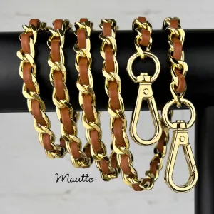 Classic Curb Chain with Diamond Cut Accents, Gold-tone Finish, Leather Woven Through - 3/8 inch (9mm) Wide Luxury Strap - Tan Colors