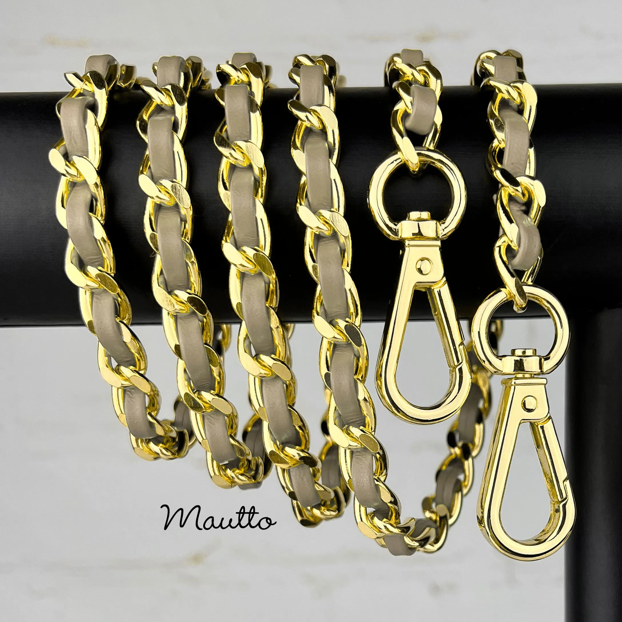 Classic Curb Chain with Diamond Cut Accents, Gold-tone Finish, Leather Woven Through - 3/8 inch (9mm) Wide Luxury Strap - Tan Colors