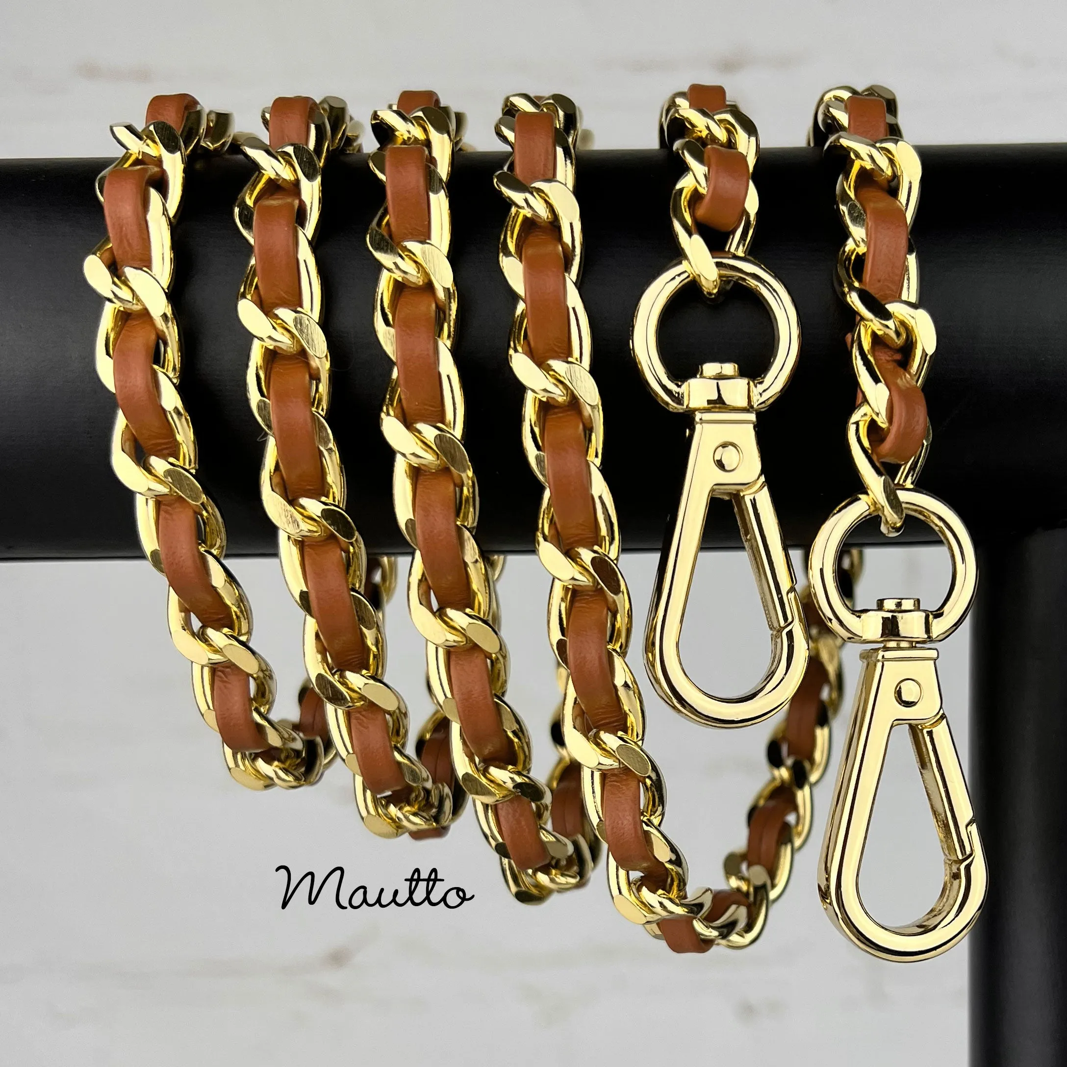 Classic Curb Chain with Diamond Cut Accents, Gold-tone Finish, Leather Woven Through - 3/8 inch (9mm) Wide Luxury Strap - Tan Colors