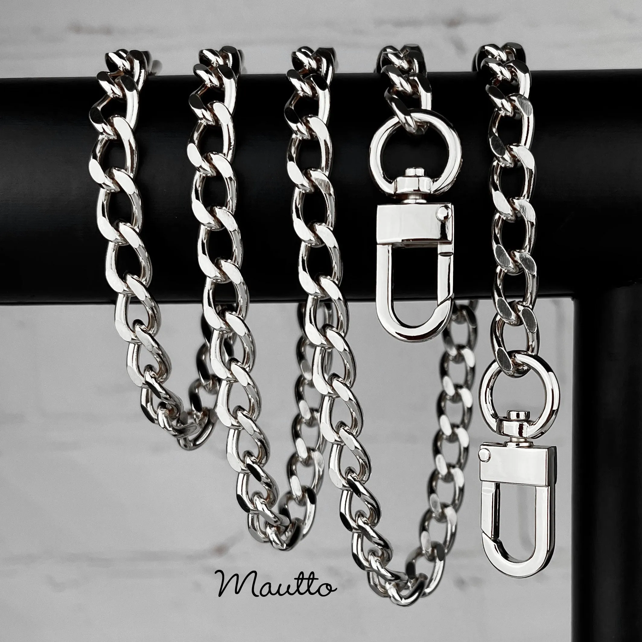 Classic Curb Chain with Diamond Cut Accents, Silver-tone Finish - 3/8 inch (9mm) Wide Luxury Chain Strap - Handle to Crossbody Lengths