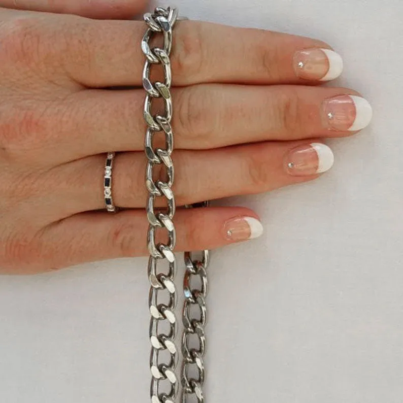 Classic Curb Chain with Diamond Cut Accents, Silver-tone Finish - 3/8 inch (9mm) Wide Luxury Chain Strap - Handle to Crossbody Lengths