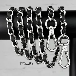 Classic Curb Chain with Diamond Cut Accents, Silver-tone Finish, Leather Woven Through - 3/8 inch (9mm) Wide Luxury Strap - Black, Gray & Brown Colors