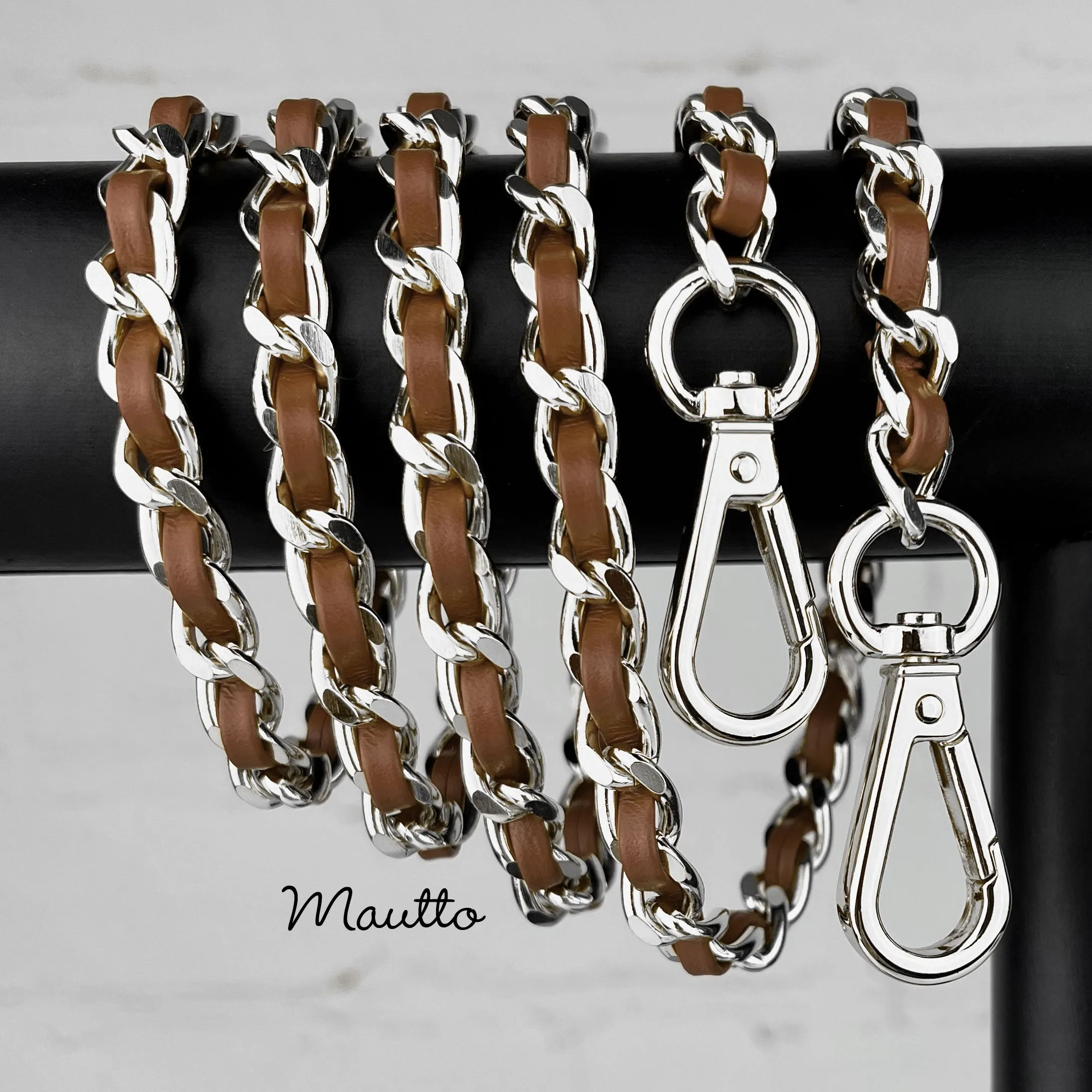 Classic Curb Chain with Diamond Cut Accents, Silver-tone Finish, Leather Woven Through - 3/8 inch (9mm) Wide Luxury Strap - Black, Gray & Brown Colors
