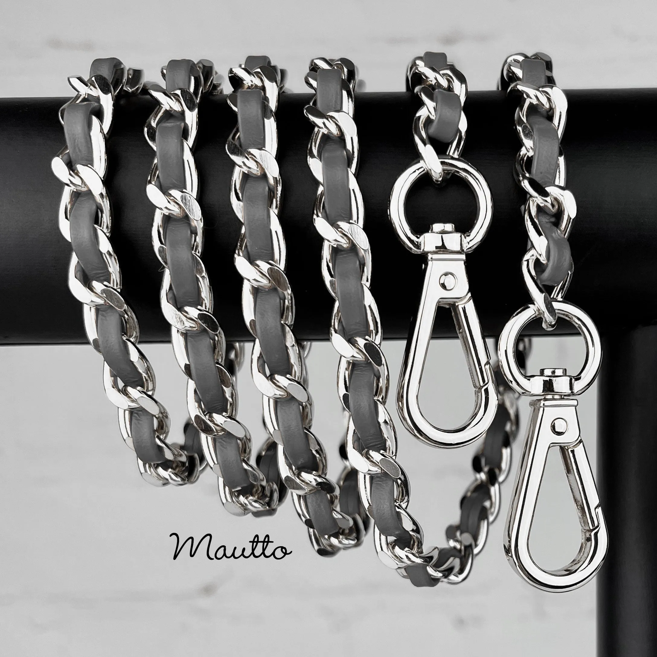 Classic Curb Chain with Diamond Cut Accents, Silver-tone Finish, Leather Woven Through - 3/8 inch (9mm) Wide Luxury Strap - Black, Gray & Brown Colors
