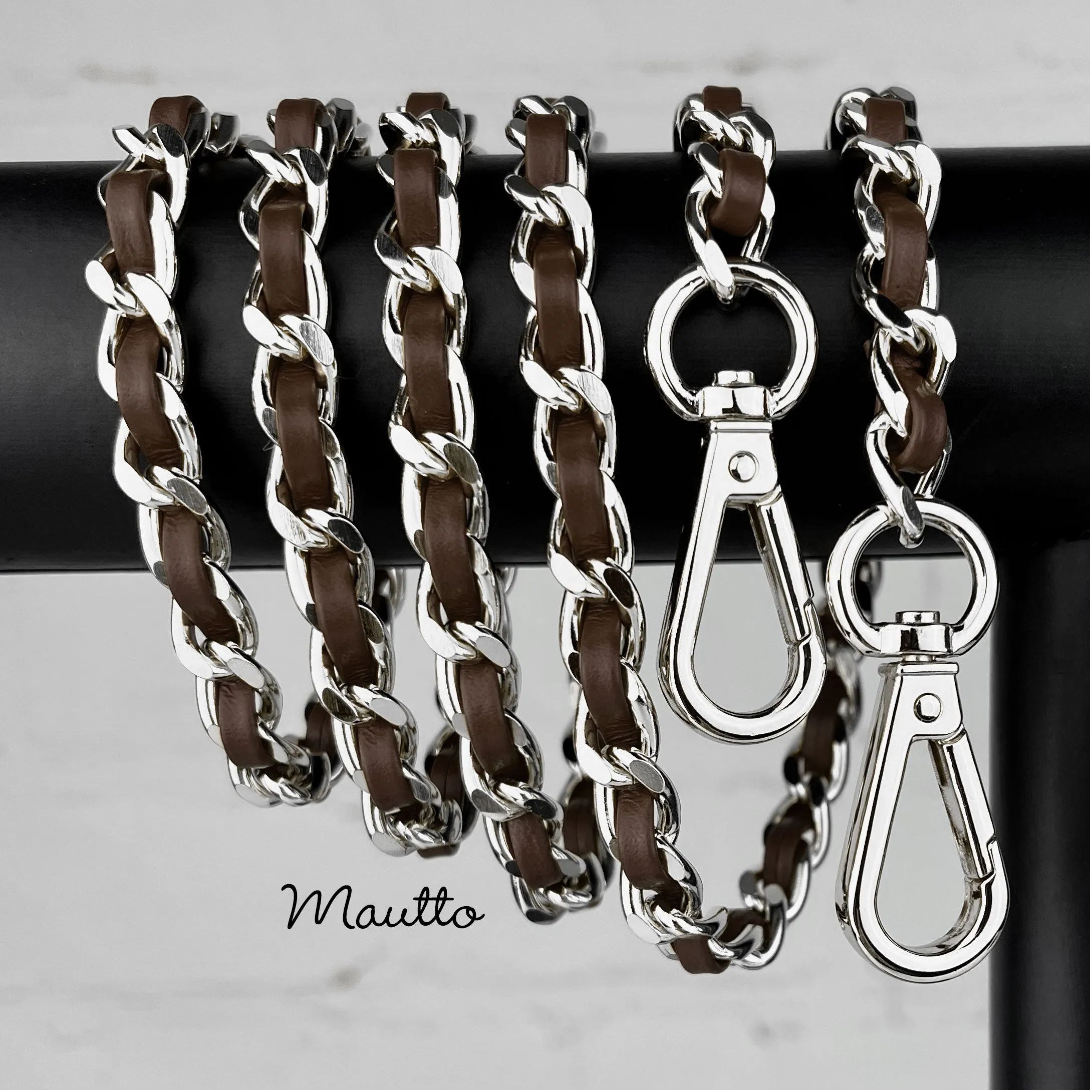 Classic Curb Chain with Diamond Cut Accents, Silver-tone Finish, Leather Woven Through - 3/8 inch (9mm) Wide Luxury Strap - Black, Gray & Brown Colors