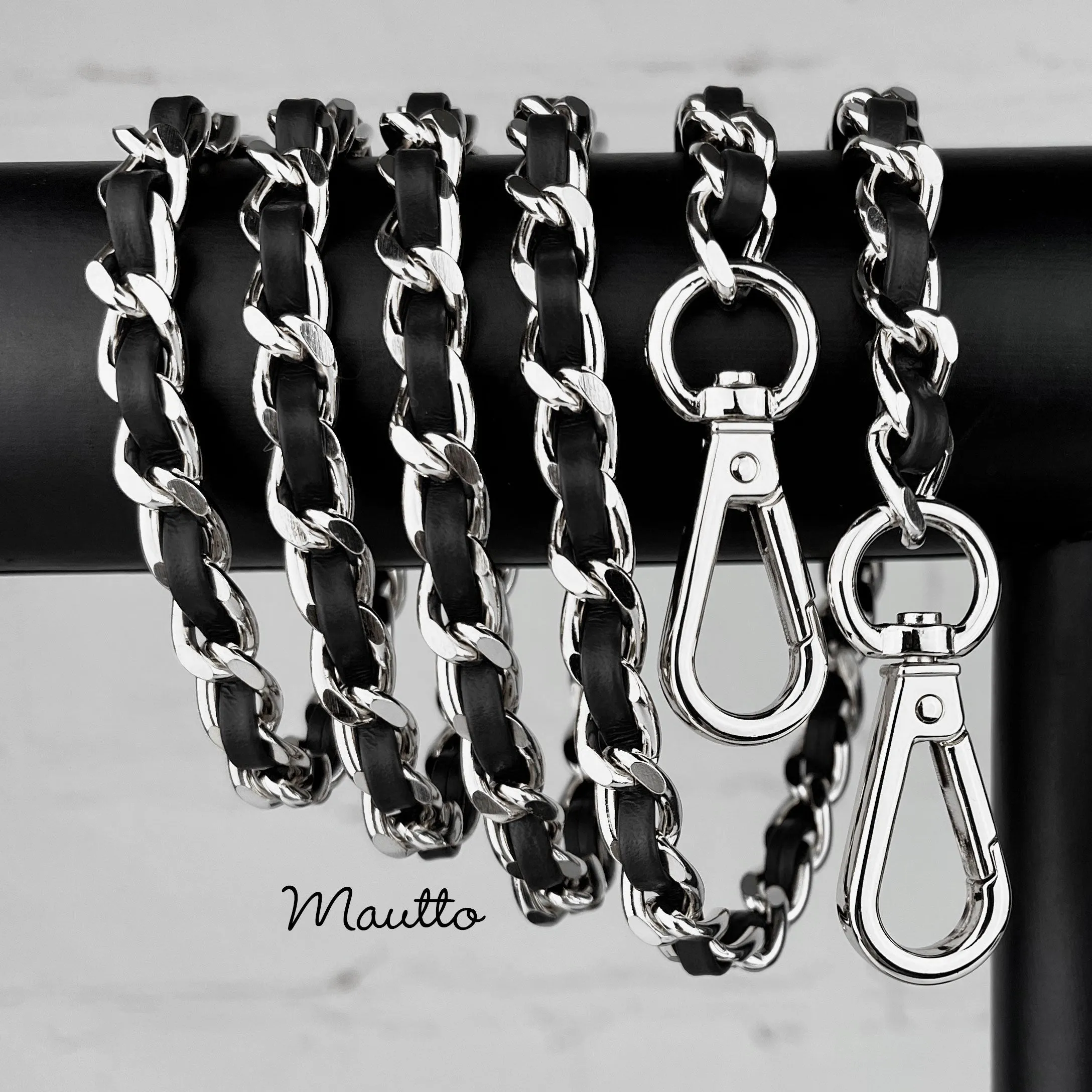Classic Curb Chain with Diamond Cut Accents, Silver-tone Finish, Leather Woven Through - 3/8 inch (9mm) Wide Luxury Strap - Black, Gray & Brown Colors